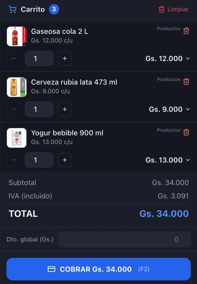Panel de cobro del punto de venta: carrito con tres productos, total de Gs. 34.000 y botón Cobrar