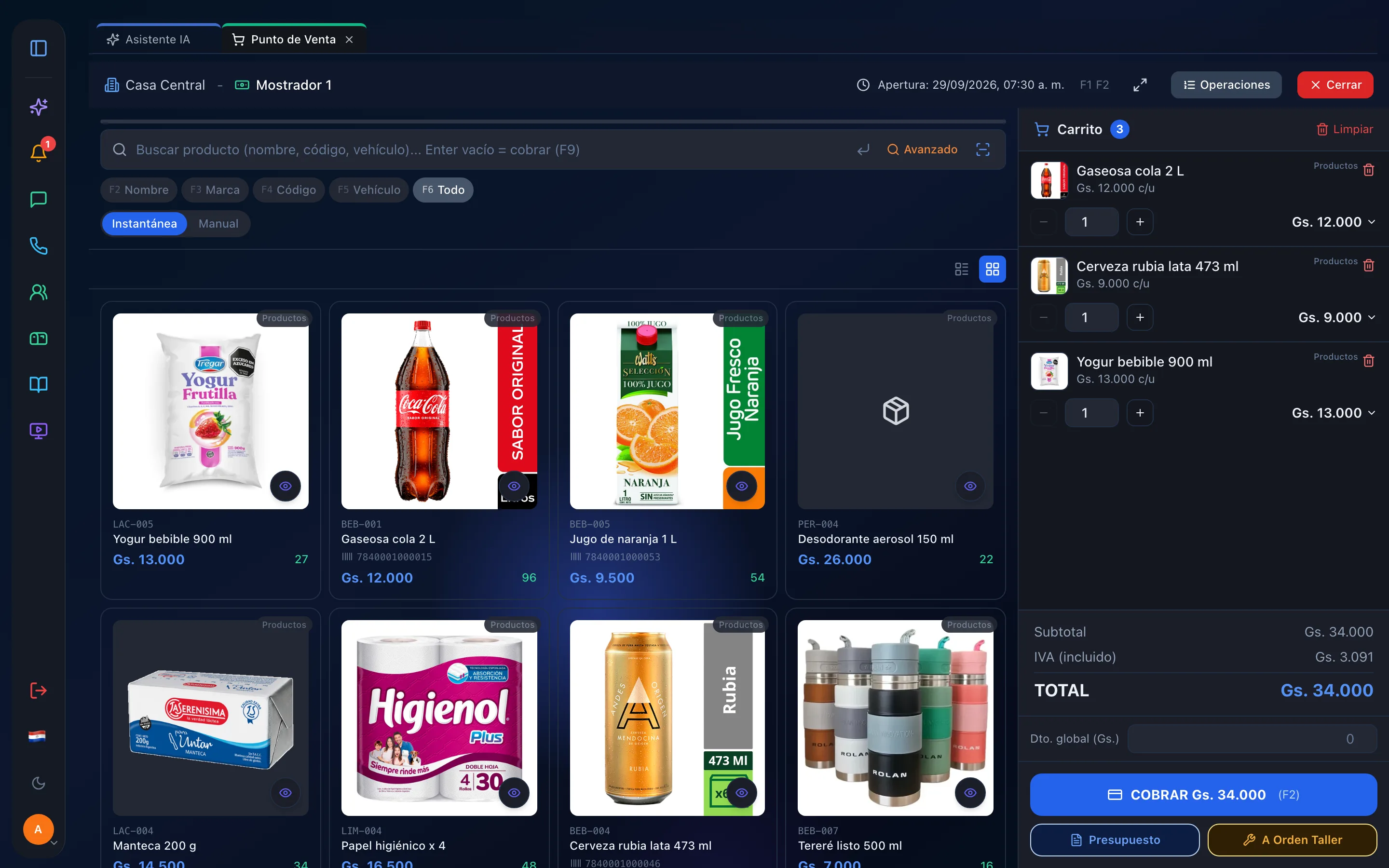 Pantalla de venta de SistemaX: buscador de productos, grilla de artículos y carrito con el total a cobrar